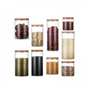 RB-B-00352B wholesale airtight cylinder round candy cookie nuts glass jars empty glass food container with bamboo lid