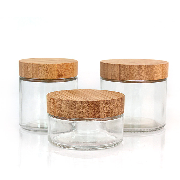 China RB-B-00300A big round glass food spice cookie storage jar with bamboo wood  lid factory and manufacturers