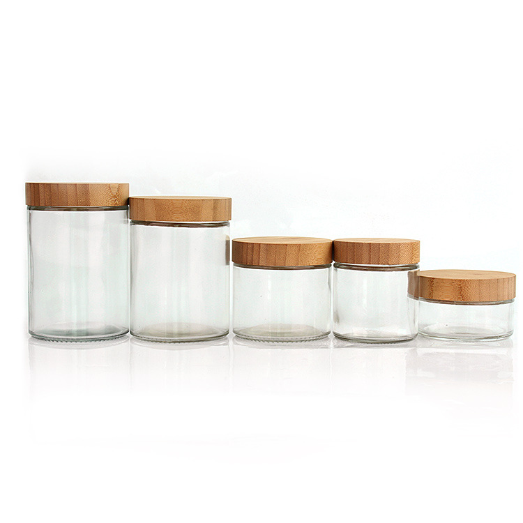 RB-B-00300A big round glass food spice cookie storage jar with bamboo wood lid