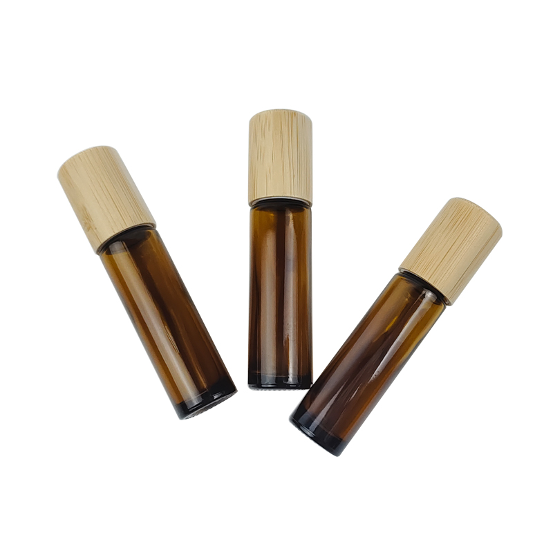 RB-B-00340A wholesale eco friendly 10ml amber color perfume oil glass roller bottle with bamboo cap