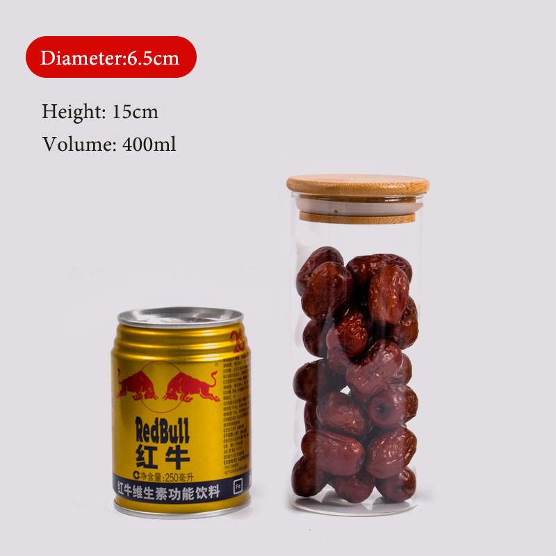 RB-B-00303B mini airtight cylinder food candy 8oz containers glass storage jars with bamboo top lid