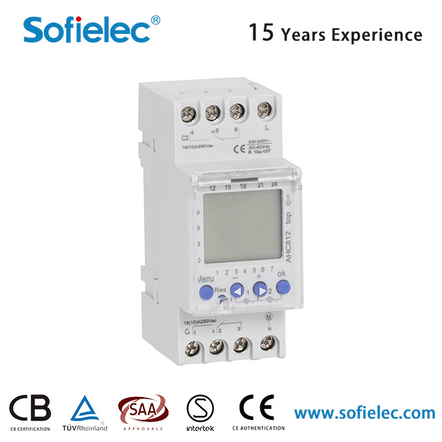 AHC812 series Din rail yearly program digital time switch have a wide screen, display more information, and it have seven kinds of language to choice.