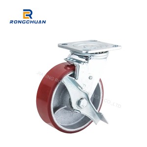 4/5/6/8 Inch Heavy Duty Industrial Caster Can Be Customized Iron Core RED PU Wheel With Brake Trolly Wheel