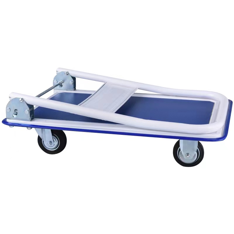 High Quality Best Compact Folding Hand Trolley Products –  150/300 KGS Foldable Steel Platform Trolley 72*48/90*60 Blue And White Color Industrial Hand Cart Warehouse Trolley – RONGCHUAN