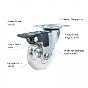 1.5/2/3 Inch Fully Transparent Caster Wheels With Double Brake Heavy Duty Furniture Caster High Load Capacity