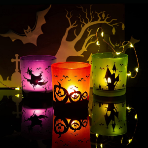 QRF Halloween Votive Candle Holders with Various Patterns, Tealight Candle Holders for Halloween Table Centerpiece Party Home Decoration,Available In Six Designs