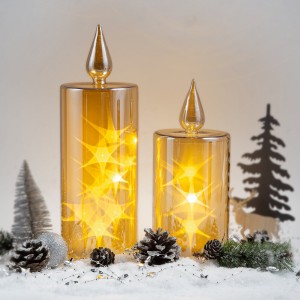 QRF hot selling Christmas LED lamp in candle shape with twinkling star pattern, Superior Christmas design and battery operated LED candles