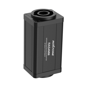 RAS4MM “D”-shape black aluminum-alloy adapter, 4-poles speaker male receptacle to 4-poles speaker male receptacle
