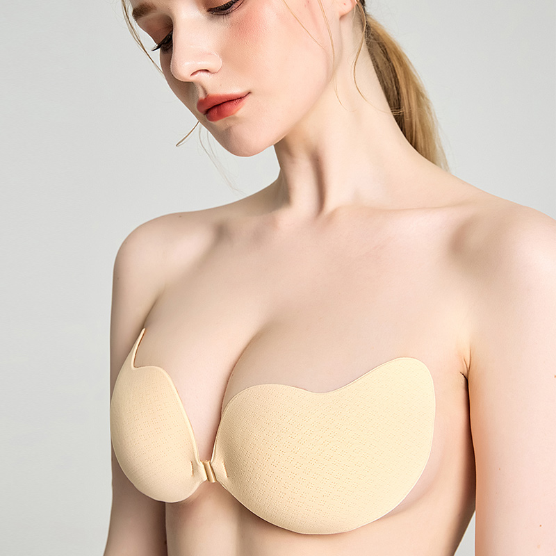 The bra is made of cotton and bio-glue. It adopts a strapless design, so that the underwear is no longer exposed, and it is designed with air holes, so that your skin is no longer sensitive. The overall fabric is very thin and very light to wear. Waterproof and sweatproof, and washable, can be used many times, there are different cups for the size of the chest, A, B, C, D. It has the functions of gathering and lifting the chest.