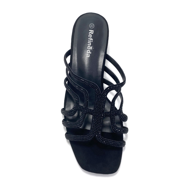 Refineda Women’s Rhinestone Chunky Block Heels Comfort Slip On Square Open Toe Heeled Sandals Dress Shoes