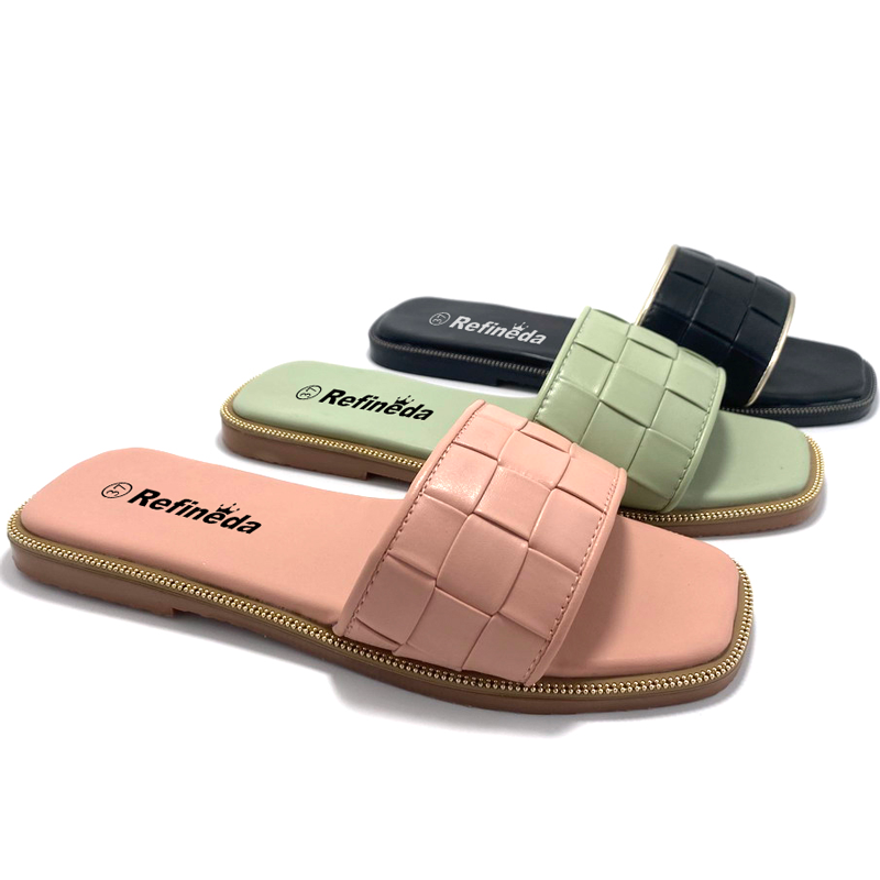 Refineda Women’s Square Open Toe Woven Upper Single Band Comfort Slides Slip On Flat Sandals