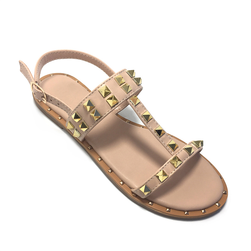 Refineda Flat Sandals With Square Pointed Rivets And Adjustable Buckle For Women