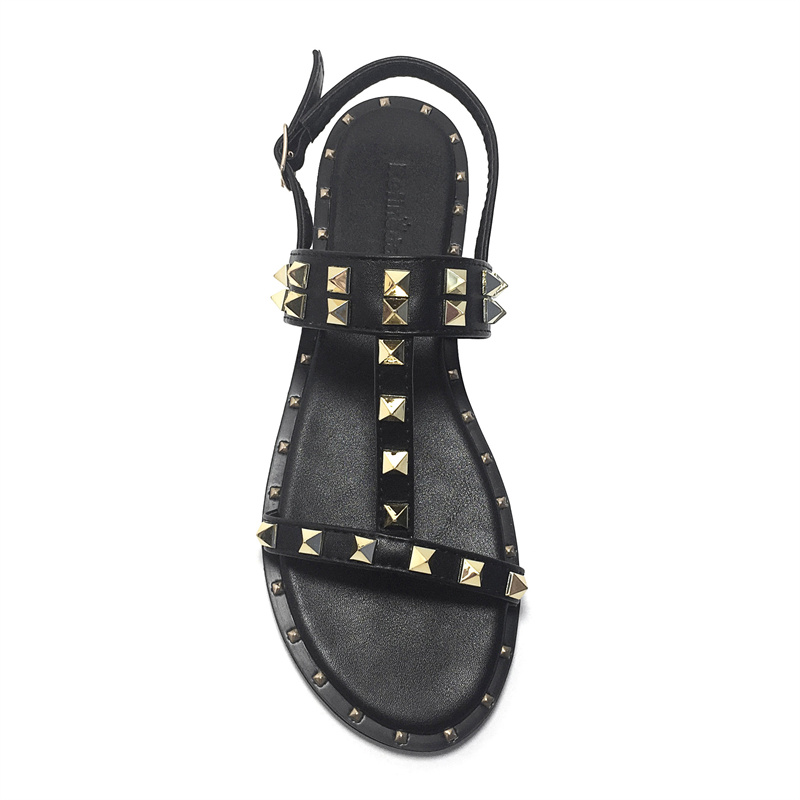 Refineda Flat Sandals With Square Pointed Rivets And Adjustable Buckle For Women