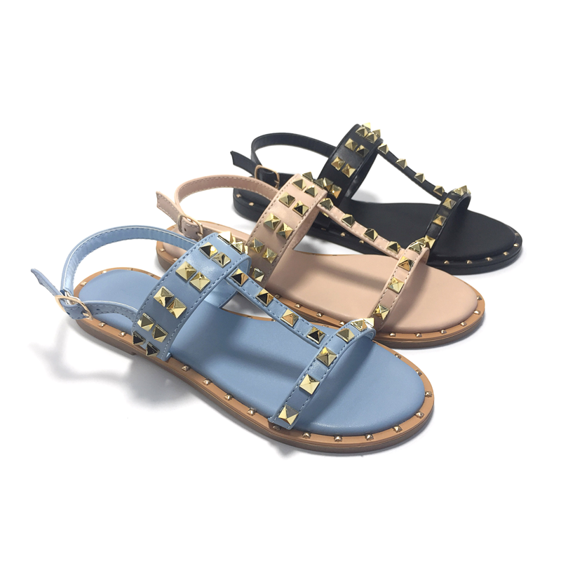 Refineda Flat Sandals With Square Pointed Rivets And Adjustable Buckle For Women Featured Image