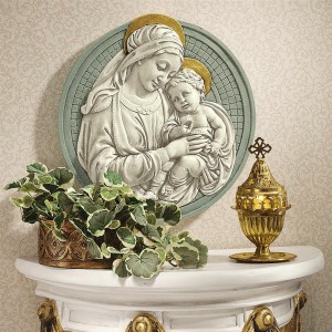 Virgin Mary Holding Infant Jesus Wall Relief Sculpture, Religious Home Decor
