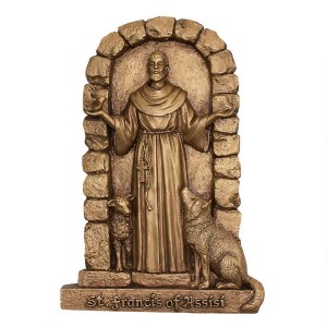 Pure Holy Figurine Of Friar With The Wolf And Sheep Wall Relief Sculpture