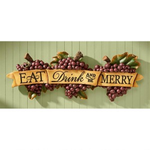 “Eat Drink And Be Merry” Quote On Richly Colored Grapes Wall Sculpture, Festive Wall Decor Art