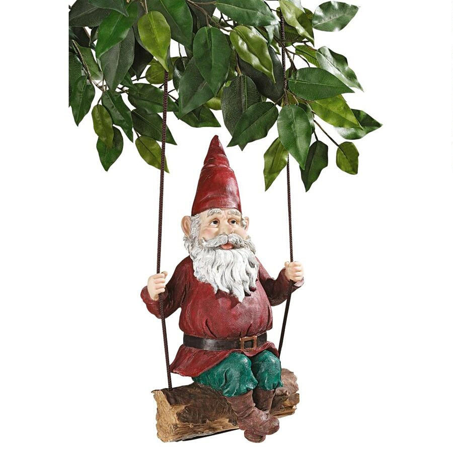 Swinging Gnome Figurine On A Wooden Log Statue, Gnome Statue Decor