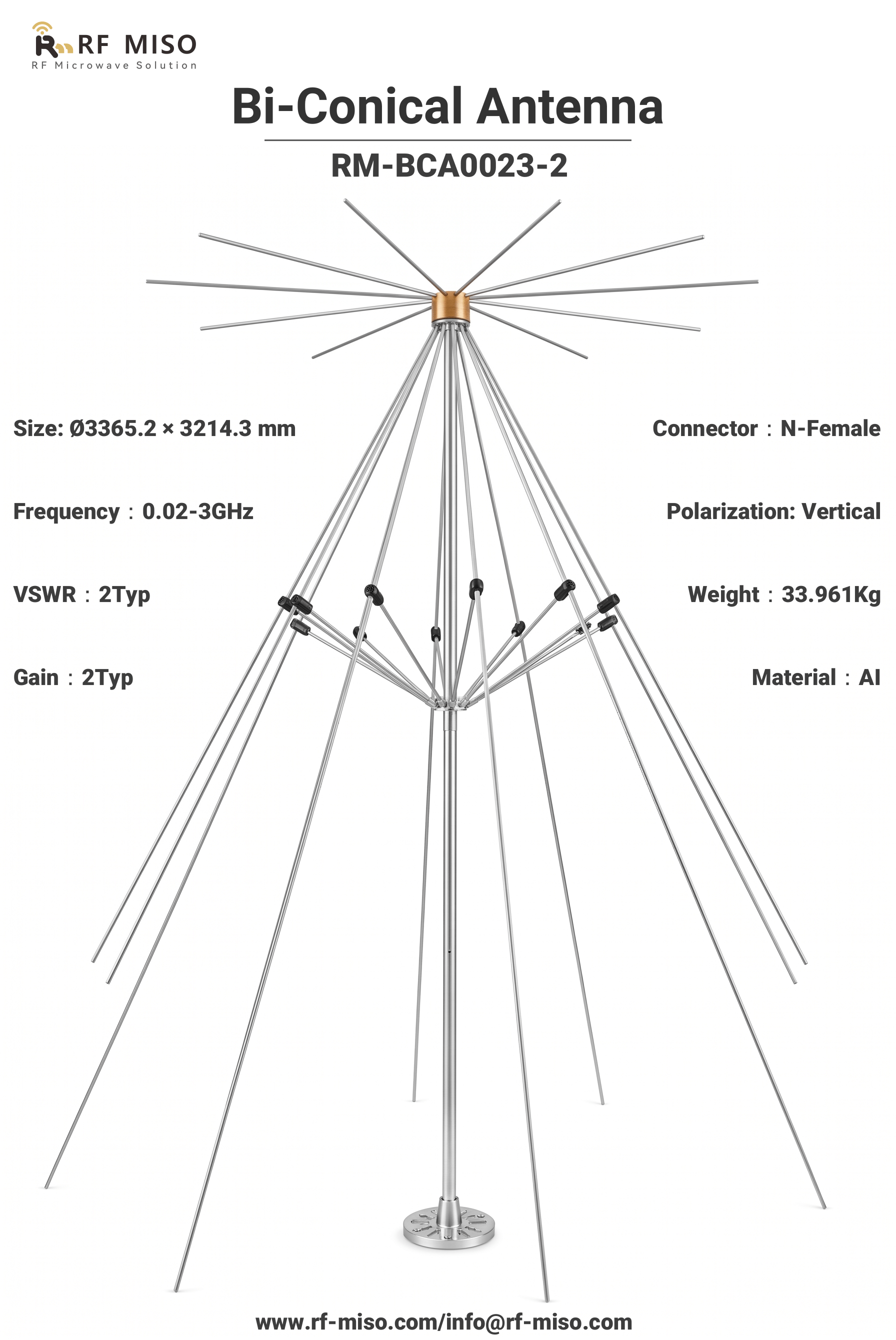 RM-BCA0023-2 Bi-Conical Antenna for 0.02–3 GHz Wideband RF Applications