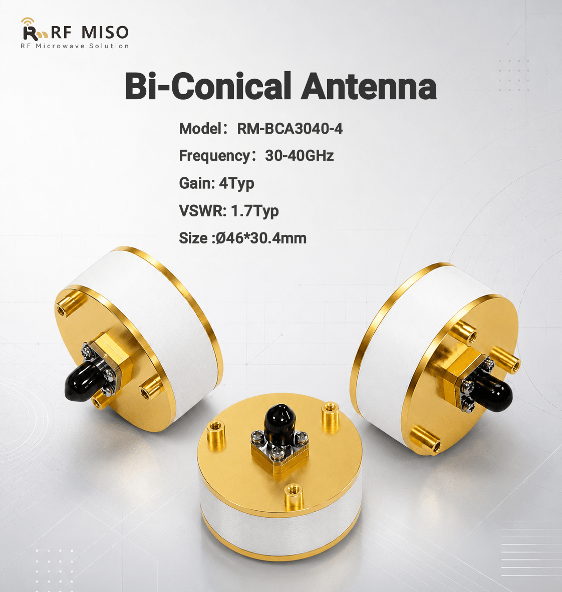 RM-BCA3040-4 Bi-Conical Antenna for 30–40 GHz Millimeter-Wave Testing