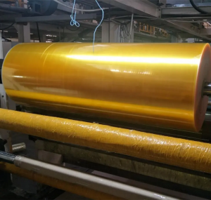 pasgemaakte grootte 1280 mm bopp jumbo rolle / doos kleefband gekleurde akriel gule verpakking jumbo rol