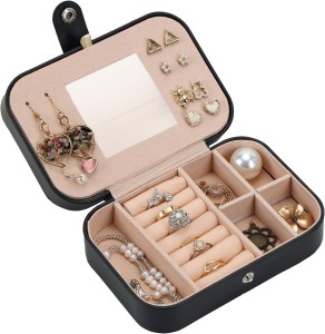 Small Jewelry BoxNecklacePU Leather Mini Jewelry case Double Layer Travel Jewelry Organizer Black