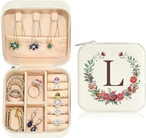White Initial Travel Jewelry Box | Small Gift | L