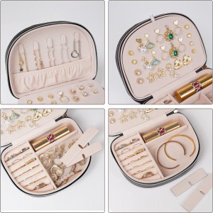 Travel Size Jewelry Box, Small Portable Seashell-Shaped Jewelry Case, 2 Layer Mini Jewelry Organizer in PU Leather, Earring Necklace Bracelet Ring Holder Box for Women Girl -Black