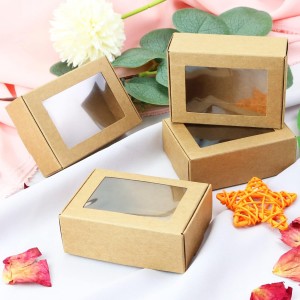 Small Rectangle Kraft Paper Boxes with Clear Windows,3.33″ x 2.35″ x 1.18″,Mini Soap Present Treat Gift Box for Bakery Candy,Chocolate Packaging
