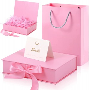 Christmas Valentine’s Day Luxury Gift Box with Lids and Changeable Ribbon, Paper Bags, a Greeting Card and Perfume Packaging Box Set for Birthday Party (Pink, 8 x 6 x 2 Inch)