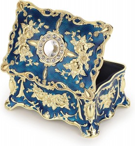 Vintage Jewelry Box, Small Enameled Trinket Box Organizer Rectangular Treasure Chest Box Jewelry