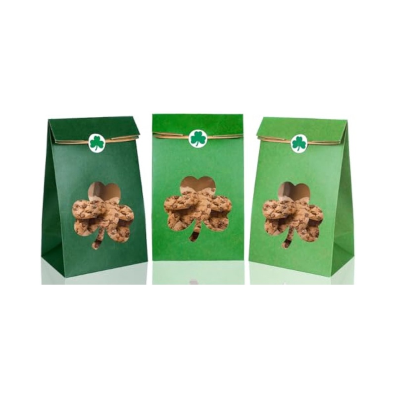 Kraft Gift Bags Clover Shape Window and Stickers Green Treat Bags Paper