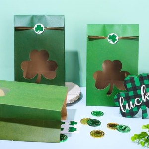 Kraft Gift Bags Clover Shape Window and Stickers Green Treat Bags Paper