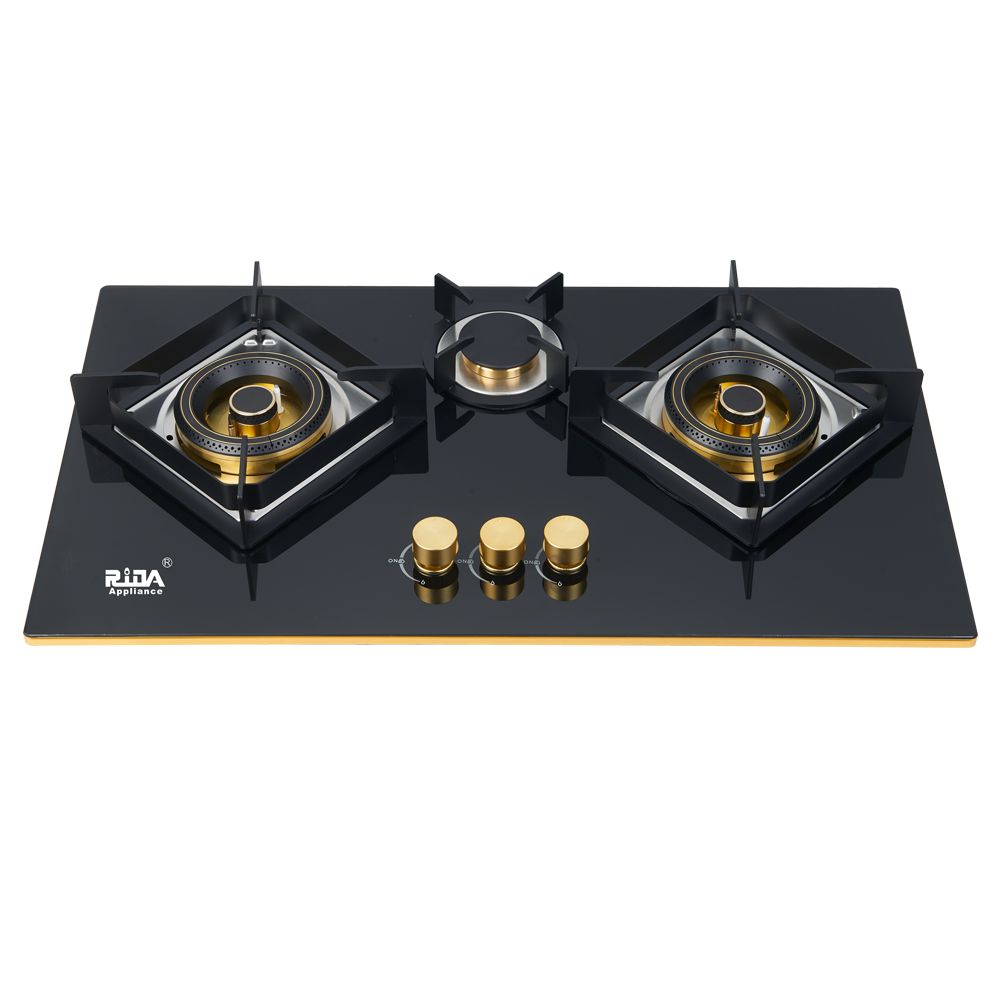 kitchen appliance 7mm tempered glass with metal housing gold colour full brass burner(2*135mm+1*60mm) and gold metal knob built in gas hob gas cooker gas stove RDX-GH050
