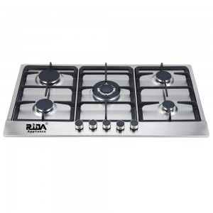 Aparato de cocina Panel de acero inoxidable Soporte de sartén de hierro fundido 5 quemadores Sabaf Quemador GLP Ng Placa de gas incorporada Rdx-ghs013