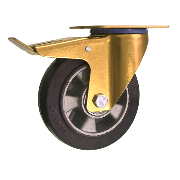 European industrial Castor, 160mm, Top plate, Total Brake, Black Elastic Rubber on AL Rim Wheels