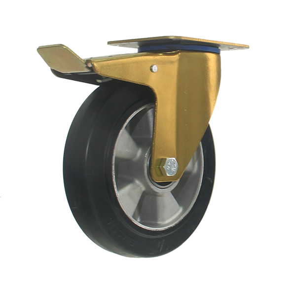 European industrial Castor, 200mm, Total Brake, Black Elastic Rubber on AL Rim Wheels