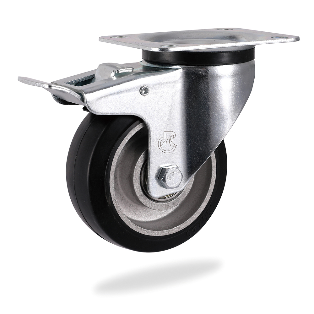 European industrial Castor,125mm,Top plate,Total brake, Black Elastic Rubber wheel
