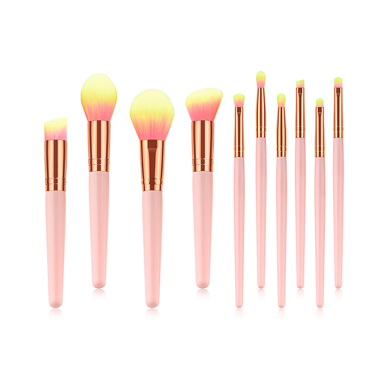 DDP Private Label Yellow Hair and Pink Handle 10pcs Make Up Brush Set (1)