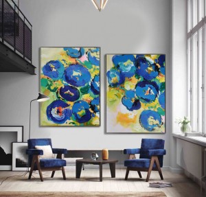 2 panel blue abstract art handmade oil painting on canvas #RG20225 Modern Abstract