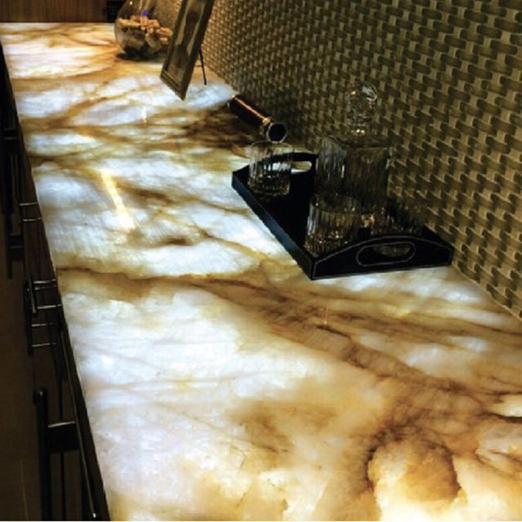 Lavabo da bagno in pietra traslucida illuminato a LED con piano lavabo in onice retroilluminato bianco