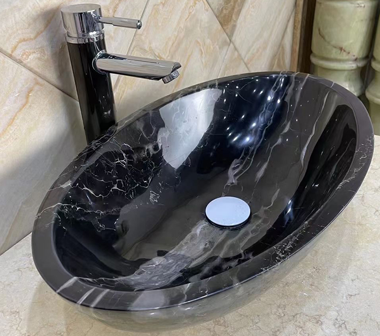 バスルームキャビネットカウンタートップ楕円形手洗い黒大理石の洗面台