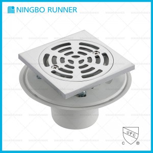 Low Profile Shower Drain for Tile Shower Bases with Round Brass Strainer and Square Brass Ring