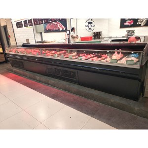 8 Years Exporter China Supermarket Curved Glass Butchery Display Fridges Island Freezer Frozen Chicken Meat Display Refrigerator