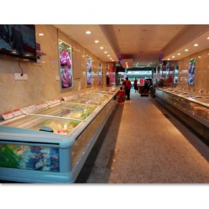 High Quality China Supermarket Commercial Island Display Freezer, Top Open Fridge Deep Freezer with Sliding Curved Glass Door Chest Freezer