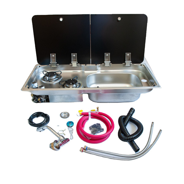 Stainless steel 2 burner Gas stove and sink combo with tempered glass lid for RV caravan yacht 904