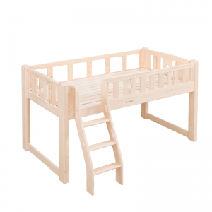 Sampo otroška srednje visoka podstrešna postelja s stopnicami, otroška polvisoka postelja s kupolastim šotorom iz naravnega borovega lesa, posteljni okvir SP-A-DC101