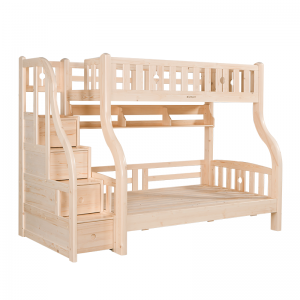 Sampo Kid’s Bunk Bed with Stepping Stairs Drawer and Book shelf Natural Pine Design Children Twin Beds Solid Pine Wood Bed Frame SP-B-DC303