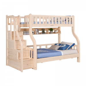 سرير سامبو بطابقين للأطفال مع سلالم متدرجة ودرج ورف للكتب، تصميم من خشب الصنوبر الطبيعي، سرير مزدوج للأطفال من خشب الصنوبر الصلب، إطار سرير SP-B-DC303