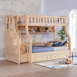 Sampo vaikiška dviaukštė lova su laiptais stalčiumi ir knygų lentyna Natūralios pušies dizaino vaikams dvi atskiros lovos iš pušies masyvo lovos rėmas SP-B-DC303